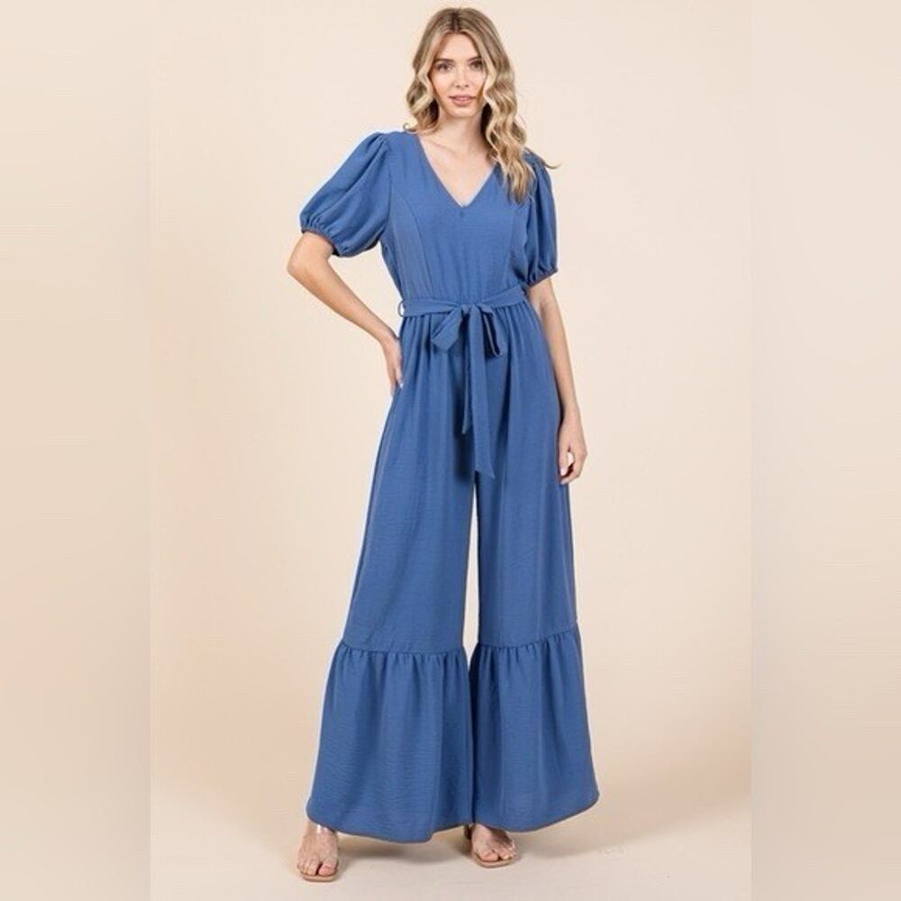 Women's Blue Wide-leg Jumpsuit With Ruffled Hem